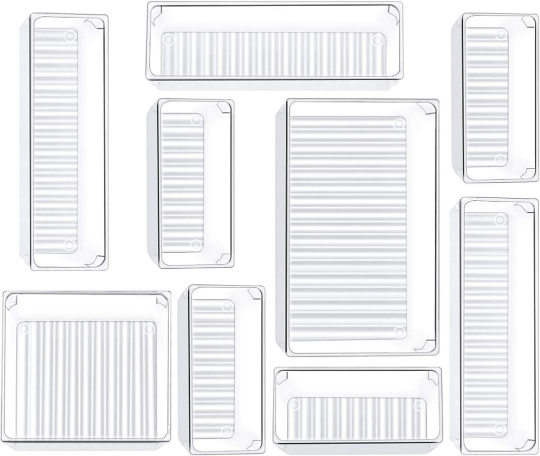 Kootek 9 Pcs Drawer Organizer Set, 4-Size Bathroom Vanity Trays Makeup Desk Dividers Versatile Storage Bins Clear Plastic Container for Dresser, Bedroom, Kitchen, Office