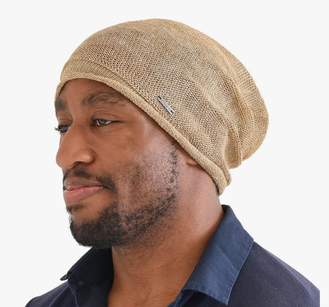 Linen Beanie Hat Summer Cap - Mens Slouchy Beanie Womens Baggy Knit Cooling Hat, Beige
