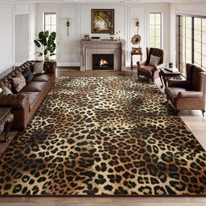 DweIke 4x6 Leopard Print Rugs for Living Room, Machine Washable Area Rug for Bedroom, Non-Slip Low Pile Animal Cheetah Carpet with Rubber Backing for Dining Room Kitchen Home Decor, Dark Brown