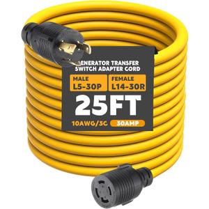 Kanayu 25ft Generator Transfer Switch Adapter Cord Compatible with NEMA L5-30p to L14-30r, 30 Amp Locking 3 Prong to 4 Prong Adapter Rv Generator to House Inlet Box, STW 10 Awg, Etl Listed