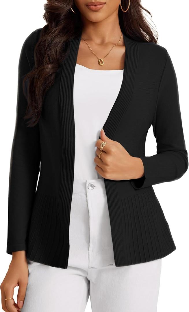 Women's Casual Open Front Sweater Long Sleeve Rib Knit Draped Cardigan (Medium, Black)