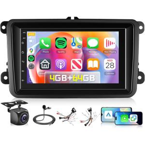 4G+64G Car Stereo for VW Volkswagen Seat Golf Passat Jetta Beetle Tiguan Touran EOS Skoda with Wireless Carplay Android Auto, 7 Inch Double Din Touch Screen Radio with GPS WiFi Bluetooth FM Camera