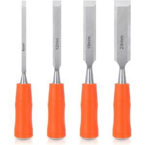 4 Piece Wood Chisel Sets Woodworking Tools Set, Wood Chisels for Woodworking with Steel Hammer End, Wood Tools Chisel Set Woodworking with Ergonomic Plastic Handle, 6mm, 12mm, 18mm, 24mm