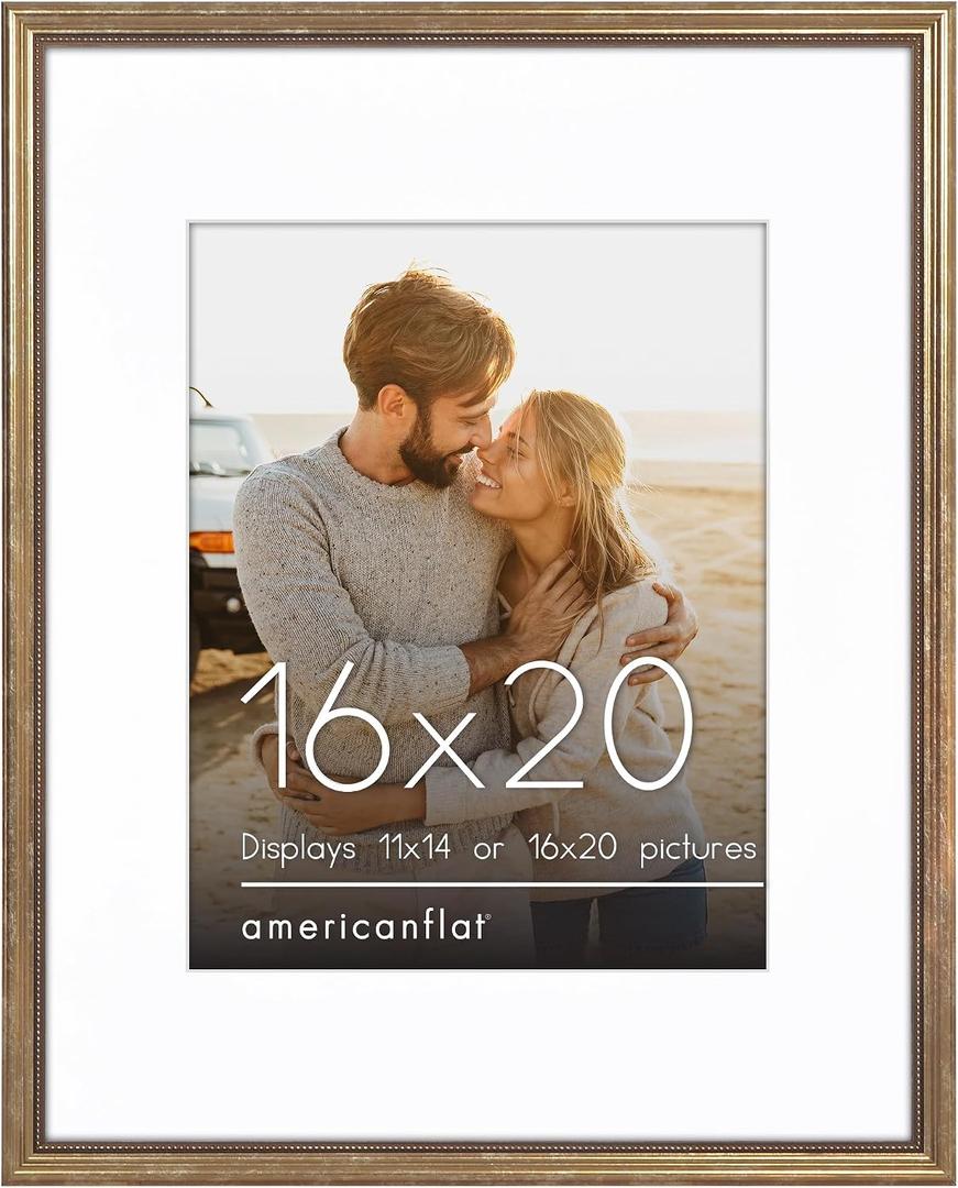 Americanflat Vintage Frames - 16x20 Picture Frame with Beaded Accents and Polished Plexiglass - Use as 11x14 Frame or Display 16x20 Photos Without Mat - Heirloom Collection - Wall Display - Gold