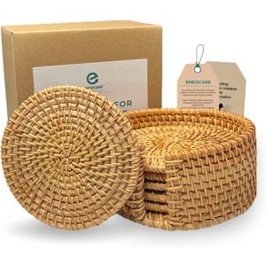 Handmade Natural Rattan Coasters for Drinks, Wicker Boho Woven Set of 6 With Holder | Heat Resistant Reusable Saucers, Round Straw Trivet for Teacup