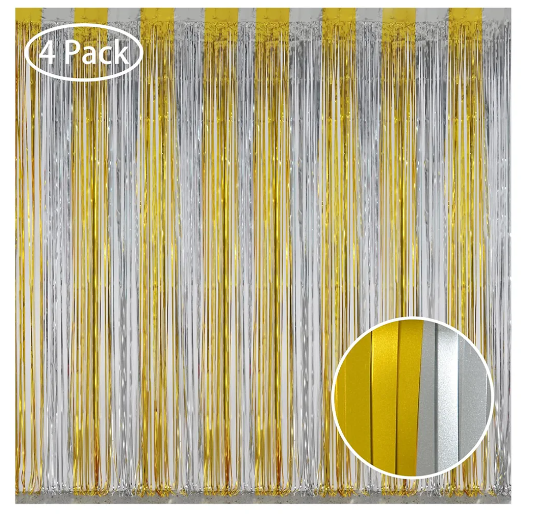 2 Pack Melsan Gold and Silver Tinsel Curtains - 3.2ft X 8ft Foil Fringe Curtain Photo Backdrop for New Year Eve, Anniversary, Graduation, Birthday Party Backdrop - 4 Packs