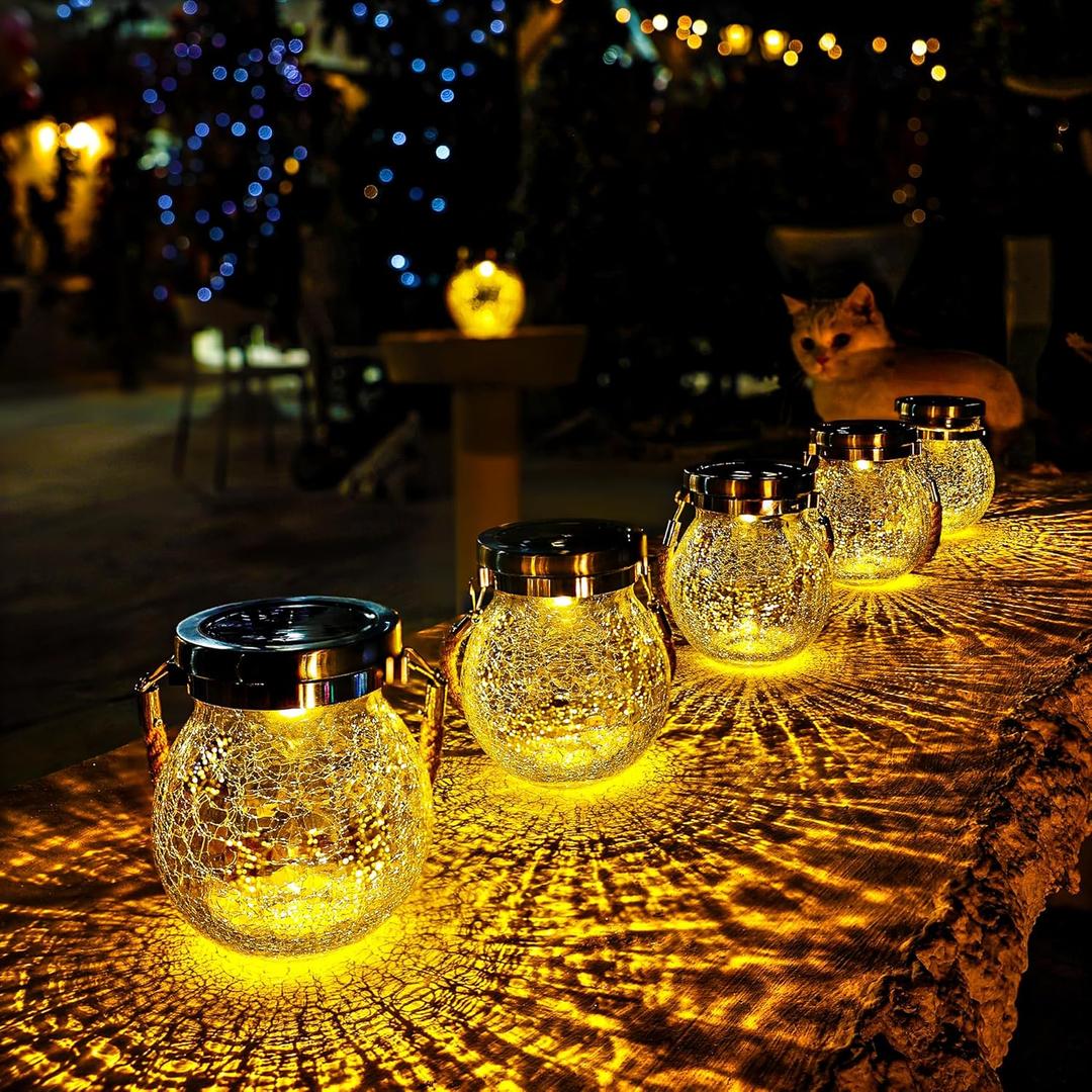 Cooo 6 Pack Heavy Crackle Glass Solar Lantern with 215% Larger Solar Panel, Stainless Steel Lid Waterproof Outdoor Tabletop Light with Warm White LED, Decorative Lighting for Garden Patio Table