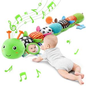 Baby Sensory Musical Caterpillar Plush Toy, Soft Stuffed Animal with Mirror Crinkle Paper Rattle Teether, Tummy Time Play Toy for 0-12 Months Newborn Infant, Baby Shower Gift for Boys Girls, Green