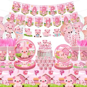Pig Birthday Party Decorations - Pink Pig Party Supplies including Banner, Plate, Cake Topper, Cup, Napkin, Balloon, Tablecloth for Pig Party Decoration - Serves 20