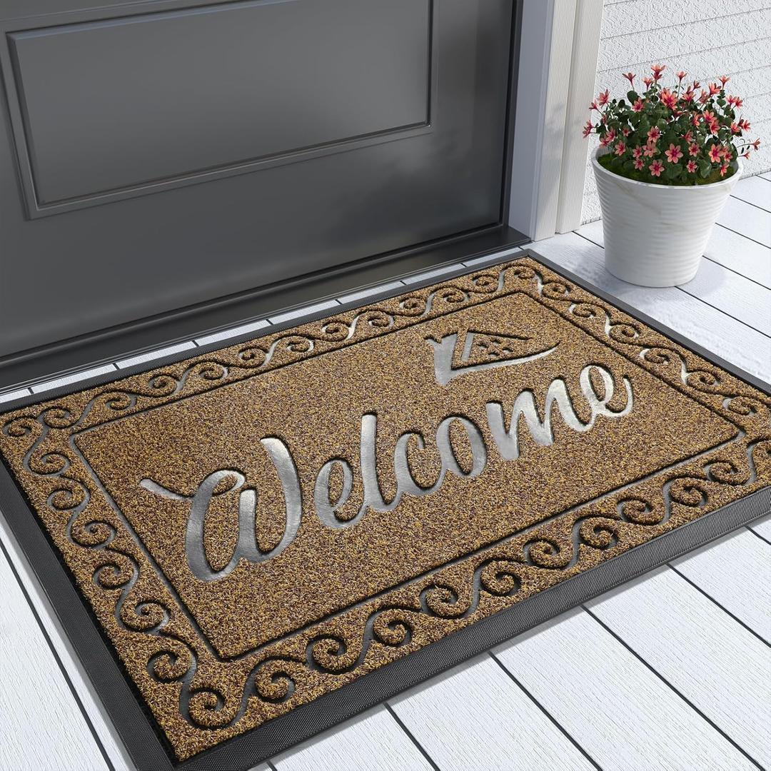 Yimobra Welcome Front Door Mat, Heavy Duty Easy Clean Doormat Indoor Outdoor, Waterproof Quick Dry Floor Mat for Home, Garage, High Traffic Areas, Non Slip, Low Profile, 29.5X17 Inches, Beige Brown