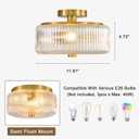 Gold Flush Mount Ceiling Light: 3 Lights 12" Drum Ribbed Glass Chandelier