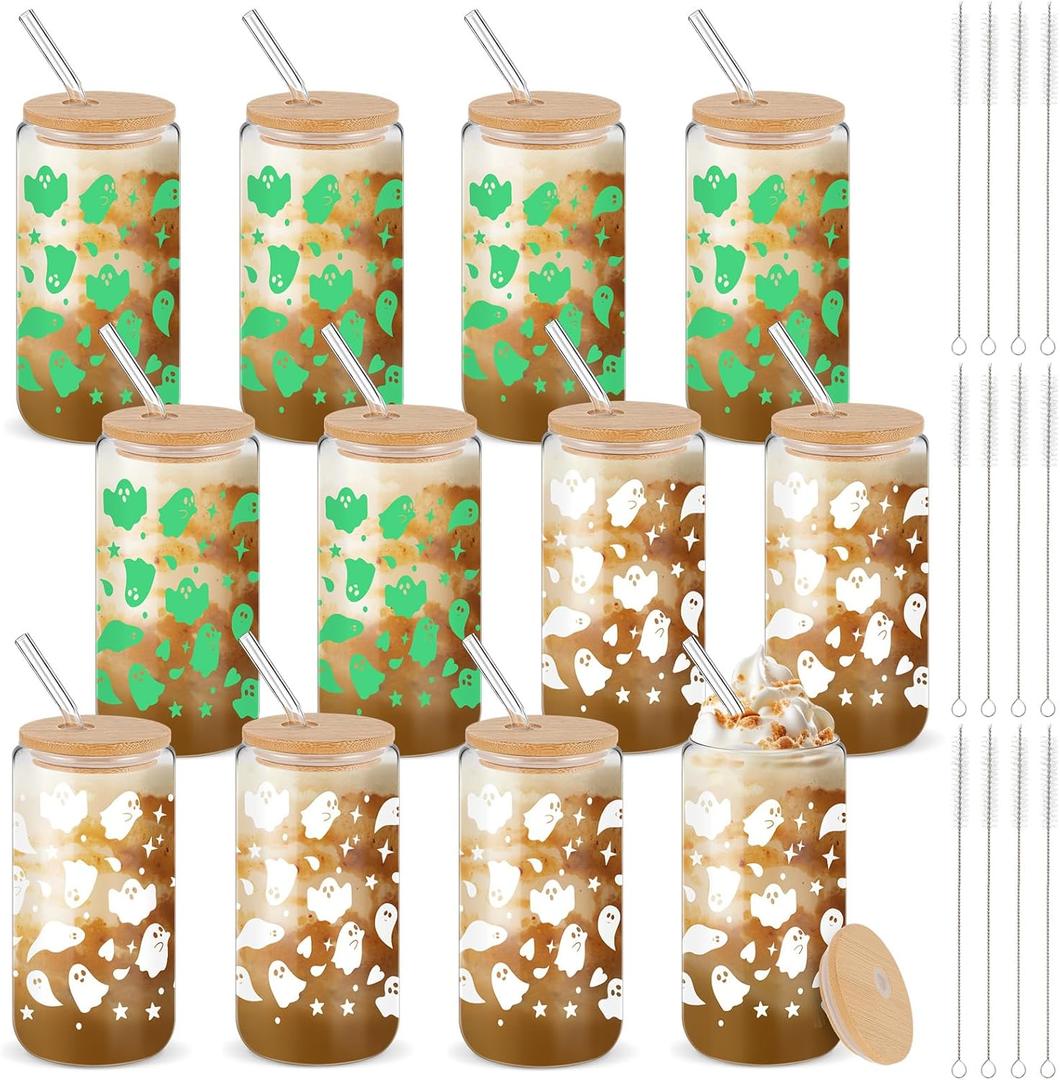 12 Packs Halloween Glass Cups 16oz Halloween Boo Baskets Stuffers Ghost Glass Cups with Lids Straws Glow in the Dark Iced Coffee Cup Gifts for Women Adults Teens Girls Party Decor (Ghost)