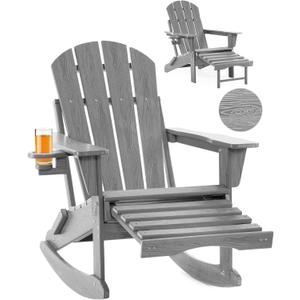 Folding Adirondack Rocking Chair,4-in-1 Multifunctional Patio Chair with Retractable Ottoman, Outdoor Chair Wood Texture, Lawn Chair for Porch, Backyard, Pool(Grey)