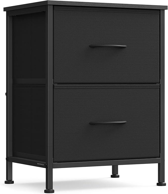 SONGMICS Dresser for Bedroom, Chest of Drawers, Nightstand, Steel, MDF, 2 NonWoven Fabric Drawers, Storage Organizer Unit, Closet, Entryway, Ink Black and Ebony Black ULGS312B01S, 11.8"D x 15.6"W x 20.6"H
