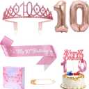 10th Birthday Candle Sash and Tiara,It's My 10th Birthday Sash Rhinestone Crown Happy Birthday Cake Topper Foil 10 Balloon for Girls Birthday Gift Party Decorations Supplies (Rose 10th)