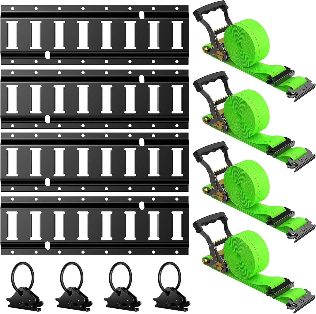 Trekassy E Track Tie-Down Rail Kit, 4 Pack 16 Inch(1.3ft) Etrack Rails with 4 E-Track Ratchet Straps(12ft) & 4 Steel O-Ring Anchors for Trucks, Vans, Garages, Trailer Tie Down System