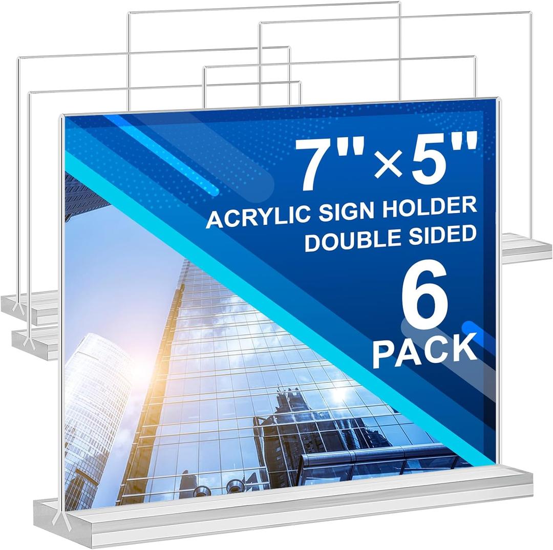 Acrylic Sign Holder 7x5,6 Pack Clear Sign Holder Double Sided Table Menu Horizontal Desktop Display Stand Paper Flyer Holder Tabletop Sign Holder Suitable for Restaurants, Office, Store, Hotels
