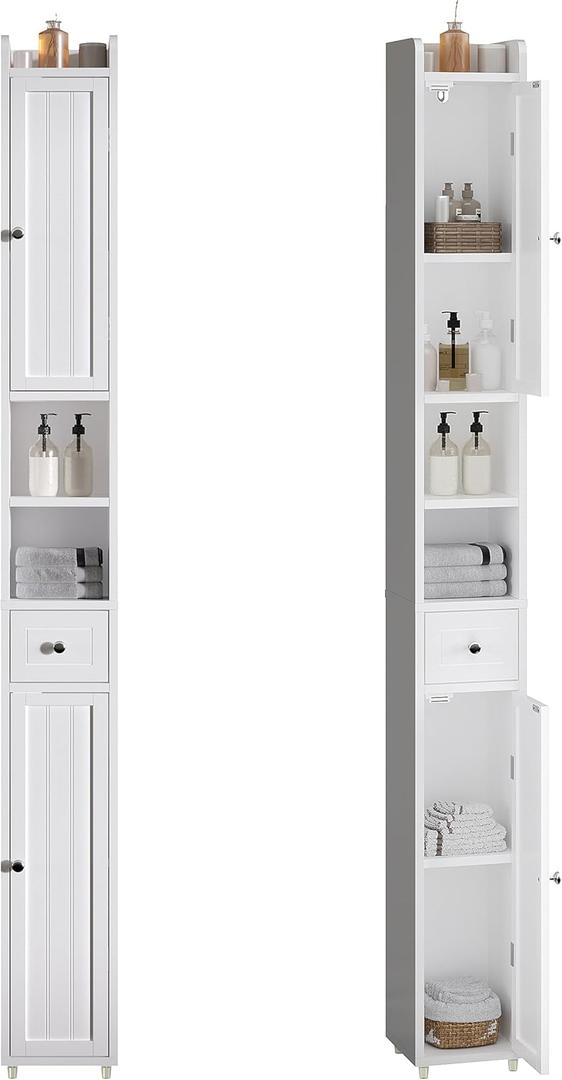 ChooChoo Narrow Bathroom Storage Cabinet with Adjustable Shelves, Tall Storage Cabinet with 2 Doors and 1 Drawer, Freestanding Cupboard for Small Spaces, White