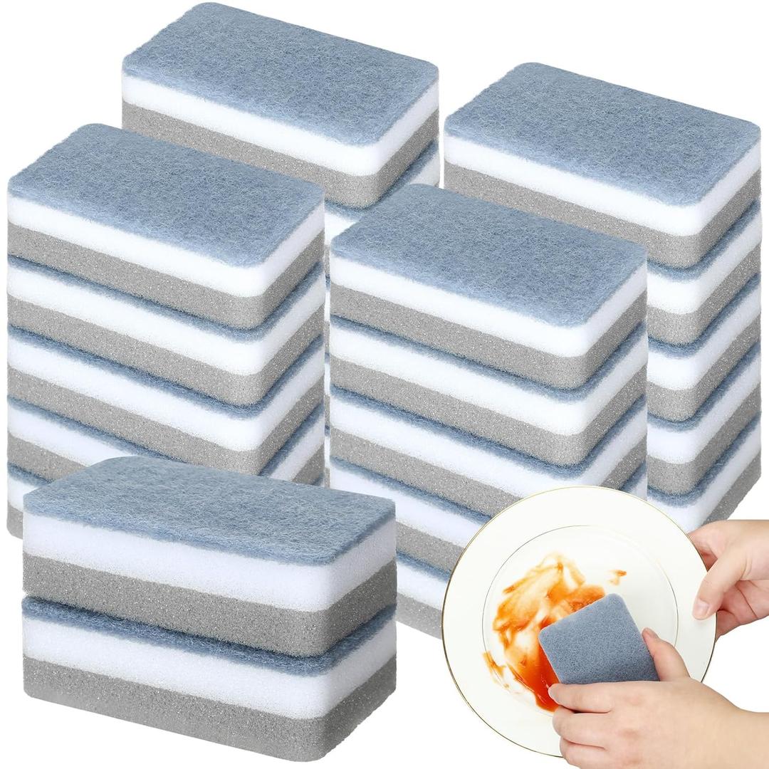 Sponges Wrapped 48 Pack Kitchen Dishwashing Sponge Bulk Non Scratch Scouring Pad Odor Free Grey Sponge Wipes Suitable Household Cleaning Dishes for Travel Apartments