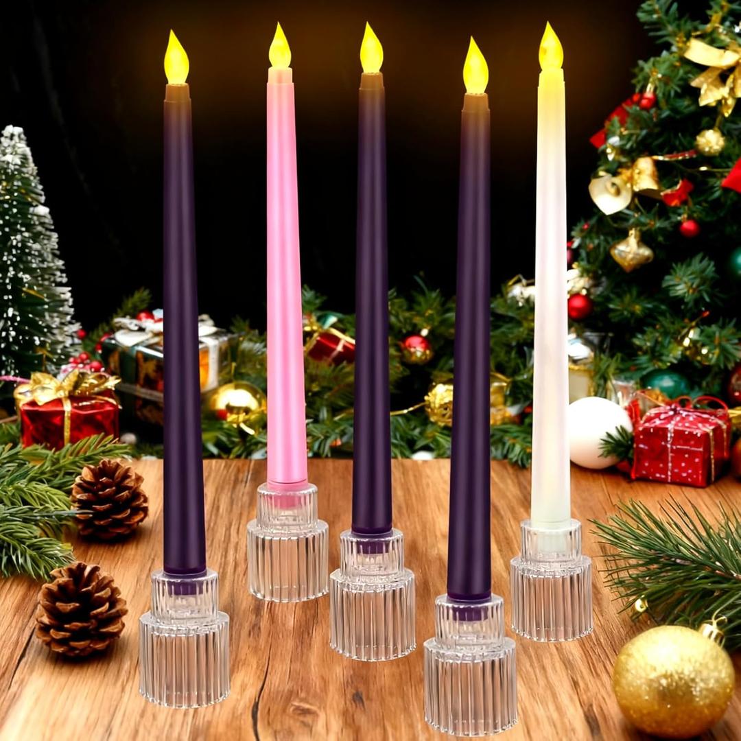 5PCS Flameless Advent Candle Set with Glass Candlestick Holders Christmas Advent Candles Purple Pink White 10 Inch Taper Flameless Candles for Christmas Table Centerpiece Fireplace Home Church Decor