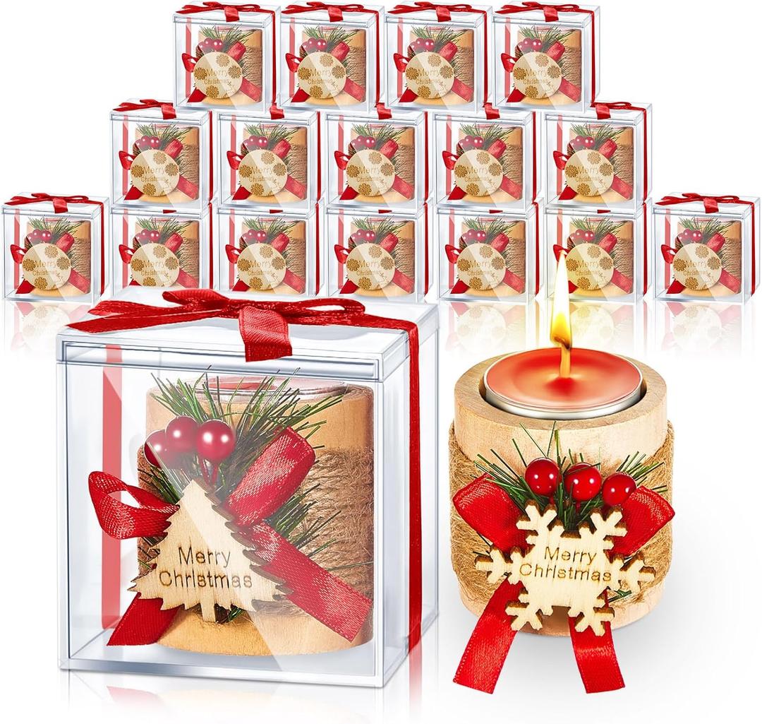 Landhoow 18 Pack Christmas Candles Gifts Bulk with Candle Holders Wooden Tealight Candlestick Xmas Table Centerpieces Votive Candlestick with Merry Christmas Tag Gift Box(Red)