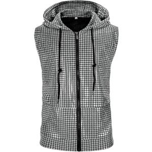 Men's Sequins Sleeveless Hooded Vest Disco Zippered Shirts 70s Disco Party Costume M