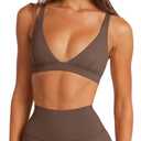LASLULU Womens Coffee Brown Deep V-Neck Sports Bra Padded Wireless U Back Workout Bra Low Impact Gym Workout Yoga Crop Tops Sexy Brown Large