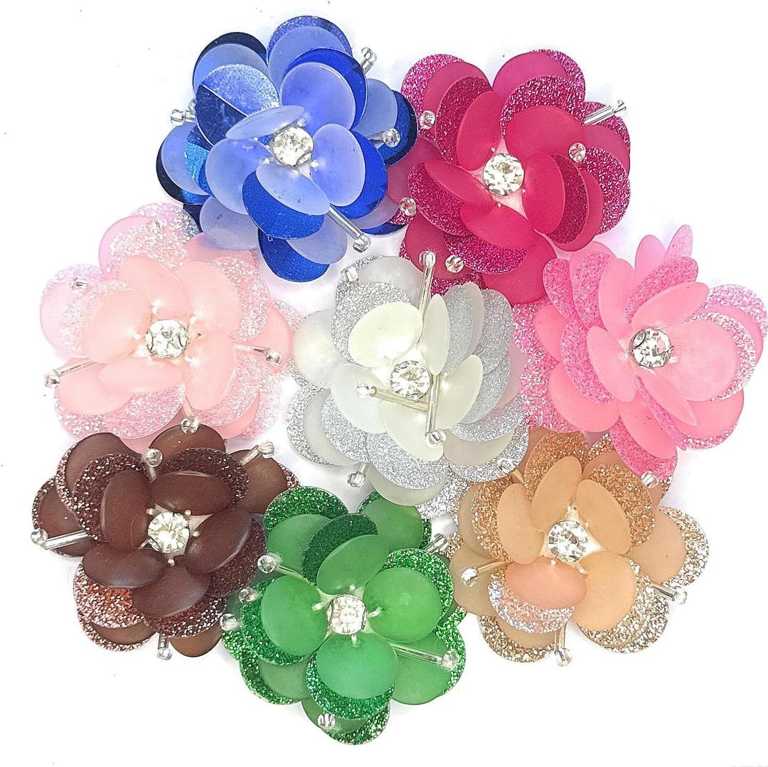8 Pieces Iridescent Mixed Color 2' Sequin Shell Flowers Rhinestones Beading Applique, Crystal Beaded Mix Flower Applique sew on Cloth Patch DIY Garment Accessory Cloth Headband Decor