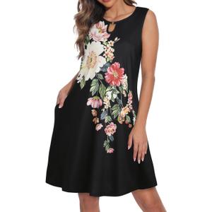 Summer Dresses for Women 2026 Casual Sleeveless Sundress Floral Loose Fit Beach Cover Up with Pocket (Black, S)