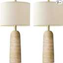 BOBOMOMO 27.25" Modern Table Lamp Set of 2, Warm Beige Resin Lamp with Natural Stone Look, Lamps for Living Room with Linen Shades, Bedside Lamp for Bedroom, Living Room, Nightstand, Entryway
