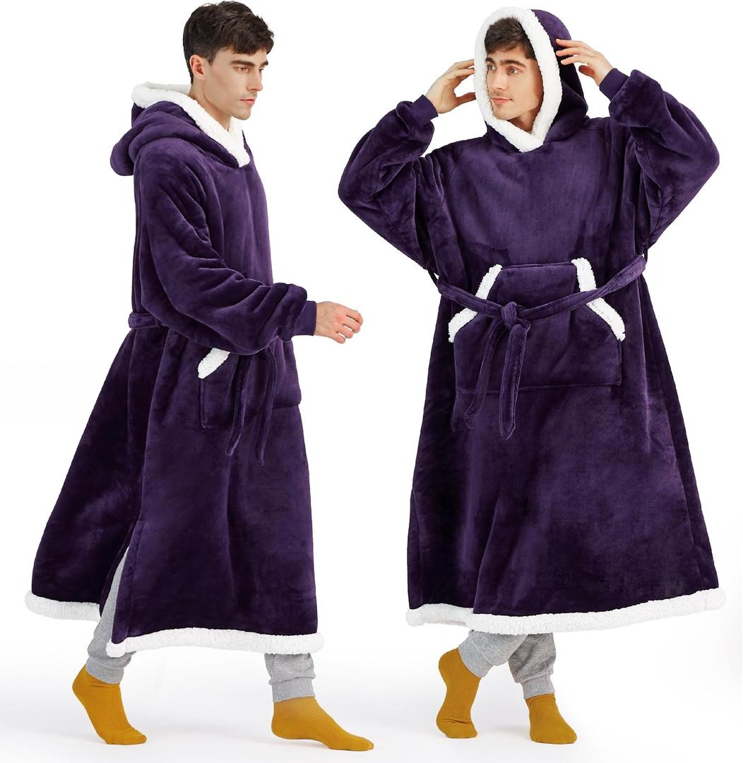 Bedsure Wearable Blanket Hoodie, Long Hooded Blanket Sweatshirt as Christmas Birthday Gifts for Men, Cozy Sherpa Hoodie for Adult, Oversize, Dark Purple
