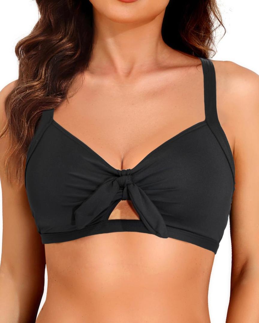 Tempt Me Women Bikini Tops Push Up Swim Top Front Tie Knot Bathing Suit Top Only (X-Large, Black)
