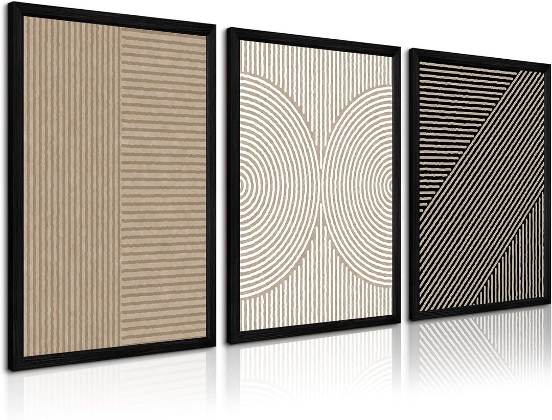 Boho Modern Wall Art Pictures Neutral Abstract Canvas Wall Decor Minimalist Line Wall Art Beige Brown Black Poster Mid Century Painting Artwork for Living Room Bedroom 12x16x3 Inch Wood Framed, Brown Modern Art