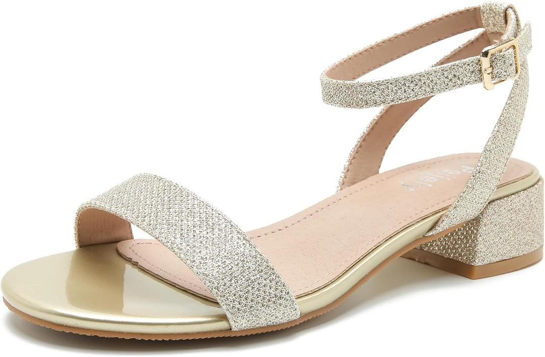 Women's Ankle Strap Sandals, Low Block Heel, Open Toe Summer Dress Shoes with Buckle Closure (10, Glitter Champagne Gold)