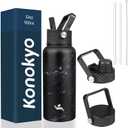 Konokyo 32 oz Insulated Water Bottle Stainless Steel Sport Bottles with 3 Lids,Marble Midnight
