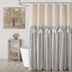 Farmhouse Shower Curtain Linen Bow Pleated Black Stripe 72"W x 72"L | Farmhouse Style, Chic Bow, Striped, Linen Fabric, Rustic, Country, Natural Look, Washable, for Bathroom Bathtub