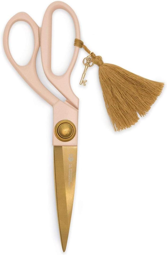 DesignWorks Ink Stylish Pink and Gold 7.75" Stainless Steel Scissors with Charm and Tassel for Cutting Paper, Fabric, Crafting - Perfect Multipurpose Decorative Supplies for Home, Office, and School (Blush)