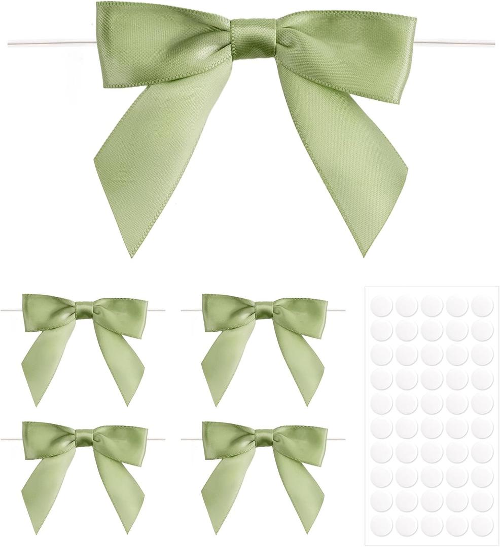 Anwyll 50Pcs Twist Tie Bows - 3.5Inch Premade Gift Bows for Cake Gift Wrapping Balloon Craft Treat Bag Satin Ribbon Bow for Summer Decoration Birthday Party Bridal Shower Wedding Favors (Green)