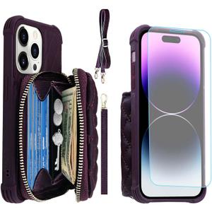 MONASAY Zipper Wallet Case Fit for iPhone 14 Pro, 6.1in [Glass Screen Protector ] [RFID Blocking] Flip Leather Handbag Phone Cover with Card Holder, Detachable Crossbody Lanyard Strap, Purple