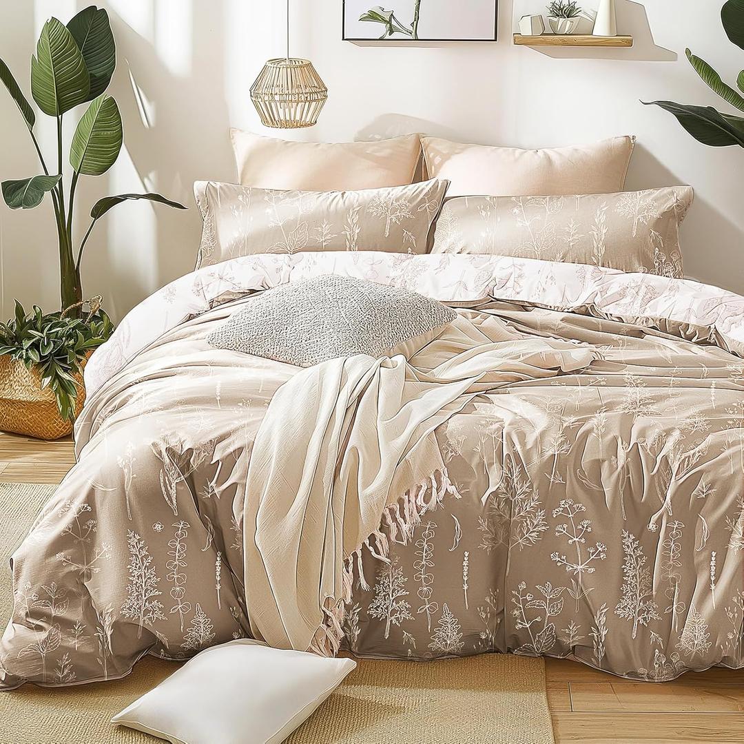 Love's cabin Light Taupe Full Comforter Set - Full Size Comforter Set, 3 Pieces Cute Floral Bedding Sets for All Seasons,1 Soft Reversible Botanical Flowers Comforter and 2 Pillow Shams (Full (79"x90"))