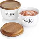DAYYET Salt and Pepper Bowls, 10 oz Salt Cellar with Lid, Stacked Ceramic Salt Pepper Container with Acacia Wood Lid, Salt Box for Countertop, Modern Kitchen Decor, Set of 2, White