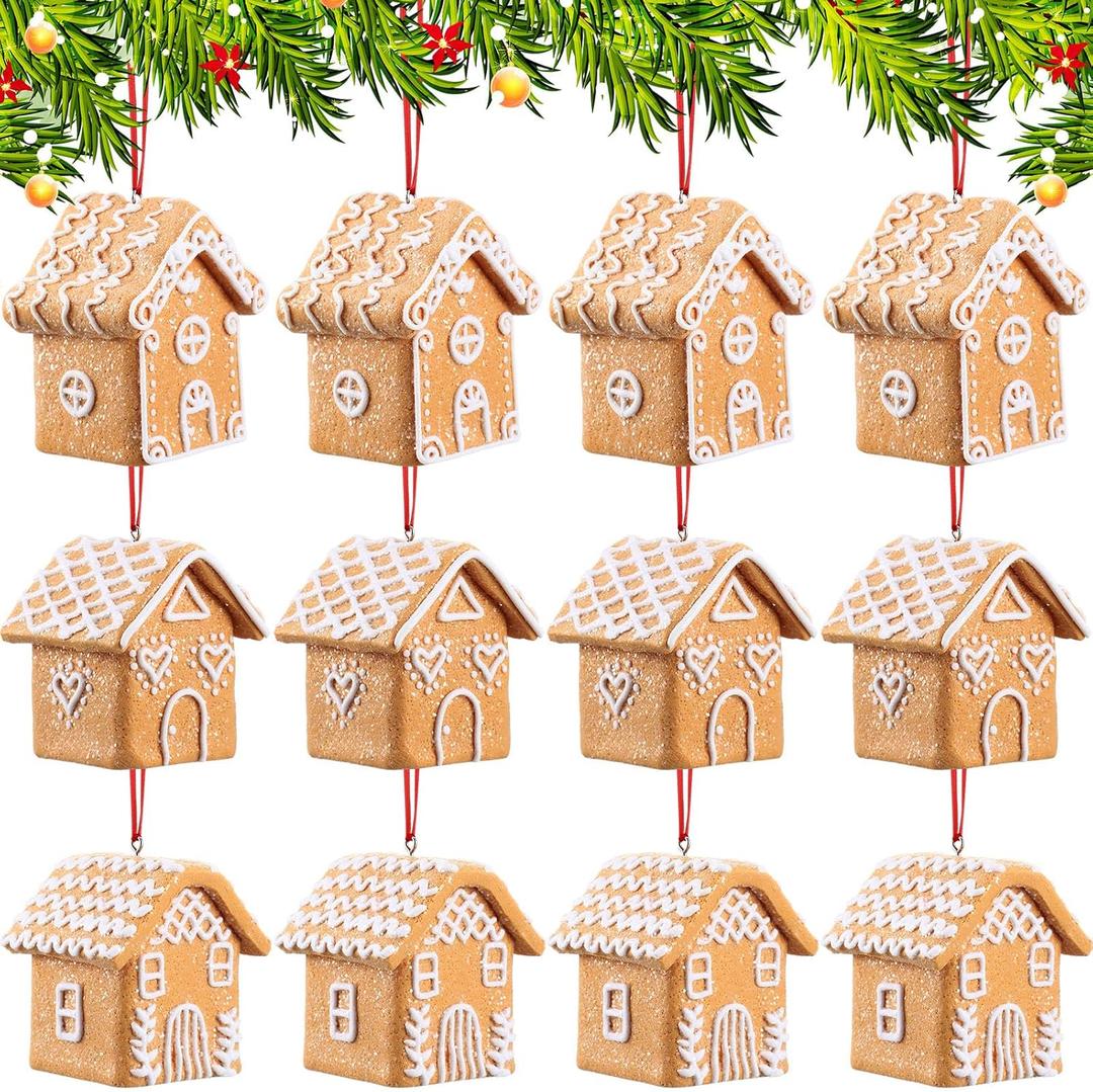 Vesici 12 Pcs 3D Christmas Gingerbread House Ornaments for Christmas Tree 3 Styles Mini Cookie House Hanging Decorations for Village Home Decor Holiday Xmas Tree Party