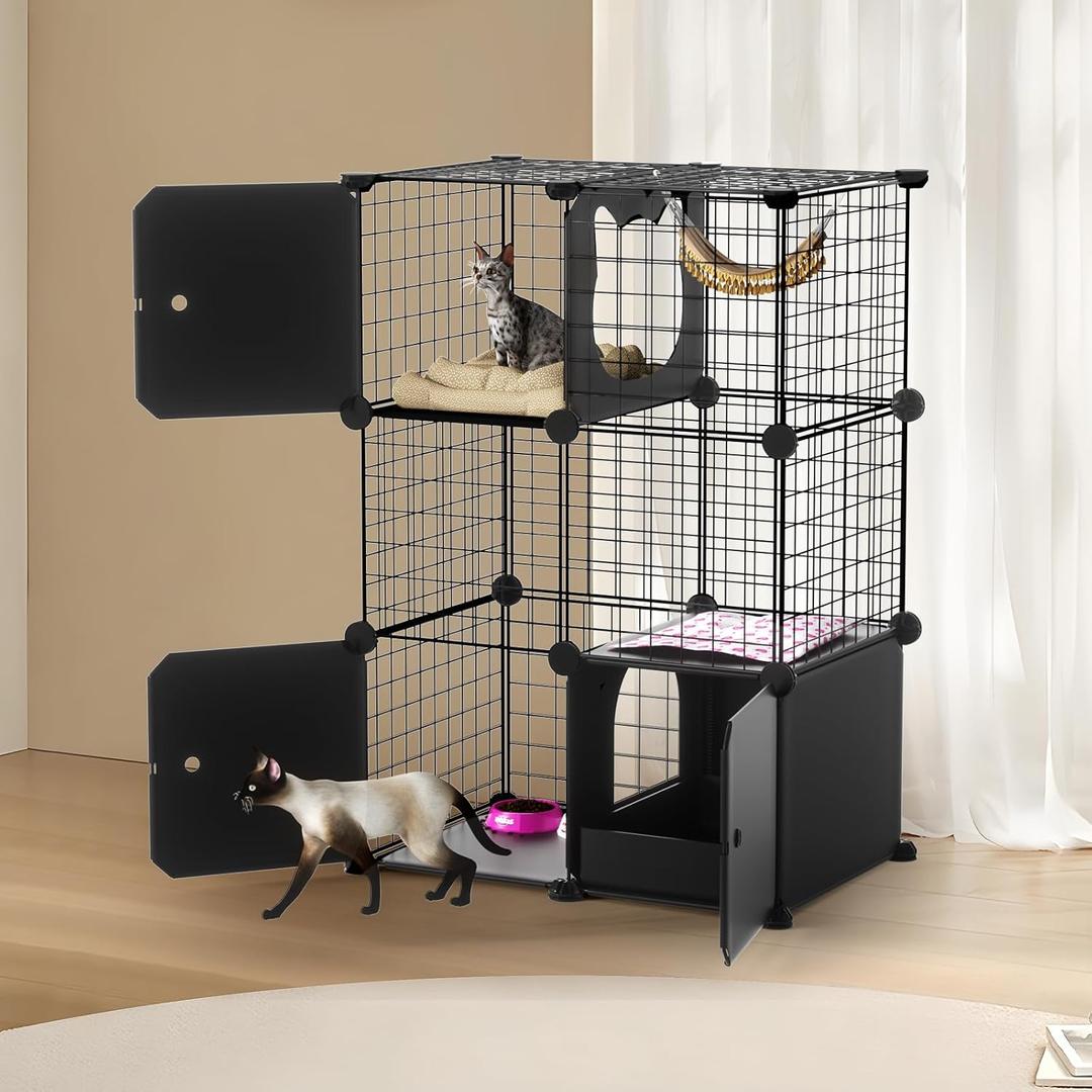 Cat Enclosure Indoor with Litter Box, 3-Tier Metal Wire Cat Cage, DIY Detachable Design for Cats, Kittens & Small Animals, Multi-Level Kennel