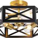 Semi Flush Mount Ceiling Light, Black and Gold Light Fixtures Ceiling Mount with Hexagon Cage, Metal Industrial Close to Ceiling Light for Hallway, Kitchen, Bedroom (Black and Gold, 14.56''L)