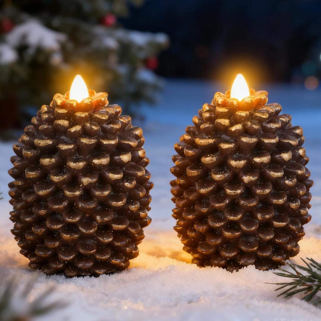 Eldnacele Pine Cone Flameless Candles Battery Operated with 6 Hour Timer Unscented Real Wax Flat Wick Flickering Pinecone LED Candles Christmas Home Holiday Decoration(2 Pack Brown)