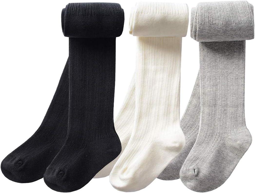 CHUNG Toddlers Little Girls Cotton Tights Footed Thick for Winter Cable Knitted School Leggings Stockings Bottom, 3pk-BlackWhiteGray, 5-6Y