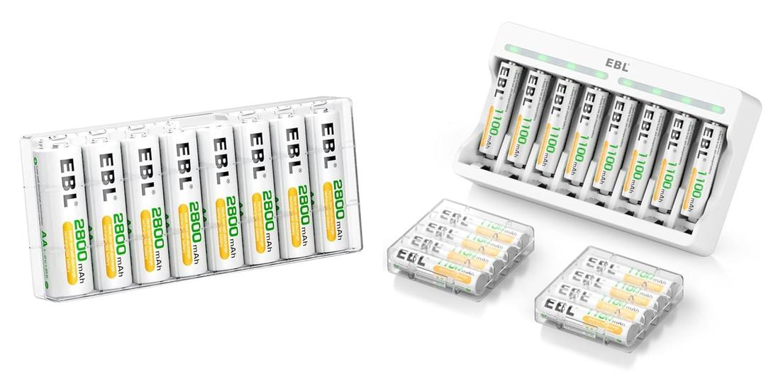 EBL AA AAA Rechargeable Batteries Comb with Charger Kits, 8PCS AA 2800mAh and 16-Count AAA 1100mAh Rechargeable Batteries with Individual AA AAA Battery Charger