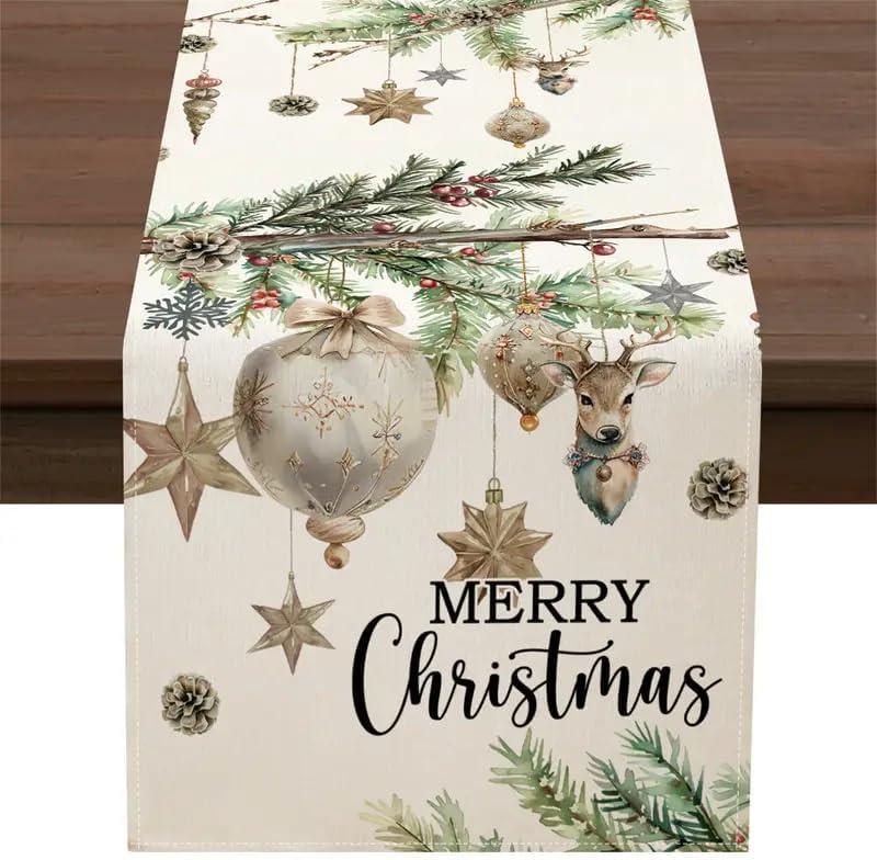 Xmas Deer Holly Pine Merry Christmas Table Runner 13x 90 Inch Christmas Winter Table Decoration for Dinning Kitchen Home Party Decor