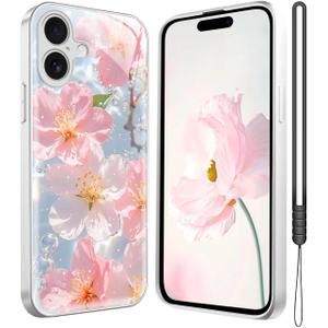 Flower Phone Case for iPhone 16 Plus, Delicate Floral Art Pattern Cover, Camera Lens Protector & Shockproof, Silicone Lanyard, Cute Slim & Lightweight for iPhone 16 Plus Case (Silver)