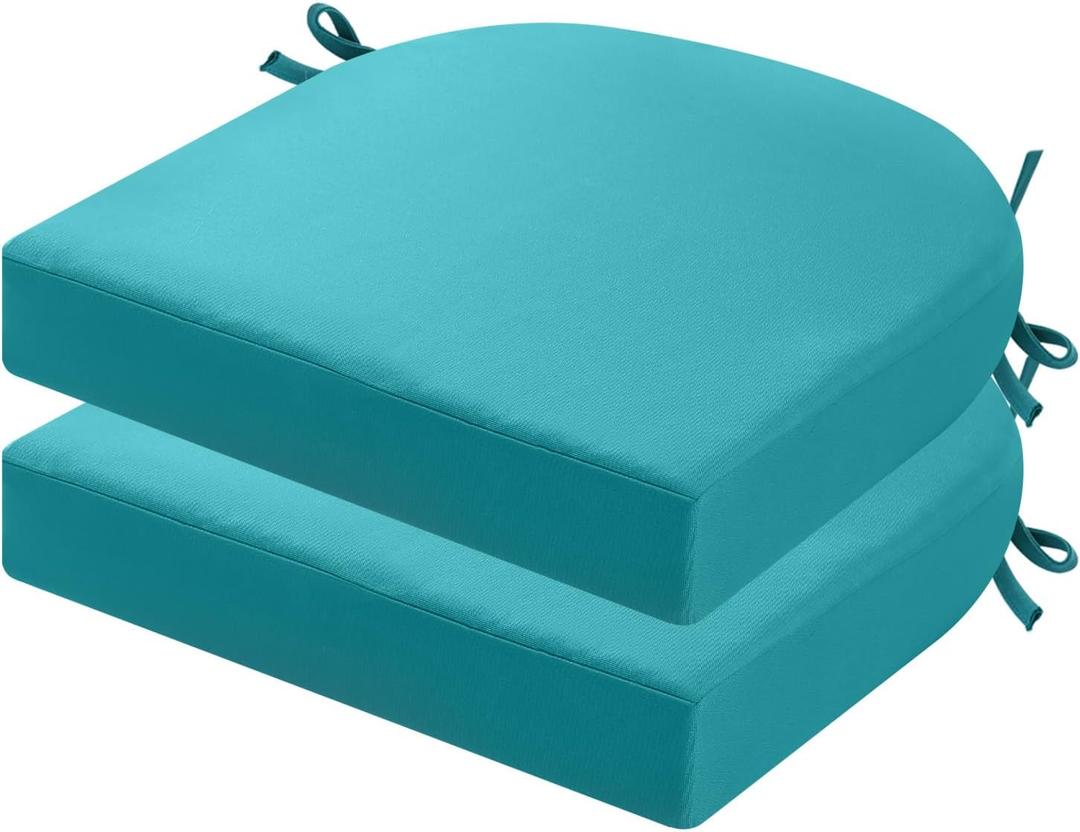 idee-home Outdoor Chair Cushions Set of 2, Thick 19" x 19" x 2" Outdoor Seat Cushions Patio Furniture Waterproof with Ties, Dining Pads, A Peacock Blue, 19X19X2 Inch-u Shaped, 2